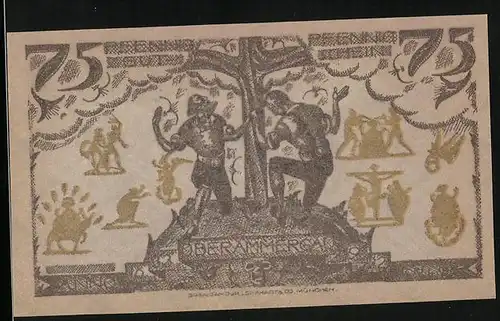 Notgeld Oberammergau 1921, 75 Pfennig, Zwei Männer an einem Baum, Ortsansicht