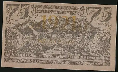 Notgeld Oberammergau 1921, 75 Pfennig, Zwei Männer an einem Baum, Ortsansicht