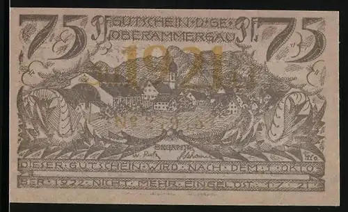 Notgeld Oberammergau 1921, 75 Pfennig, Ortsansicht mit Kirche, zwei Männer an einem Baum