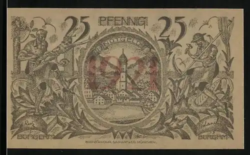 Notgeld Oberammergau 1921, 25 Pfennig, Ortsansicht mit Kirche, Jesusszene