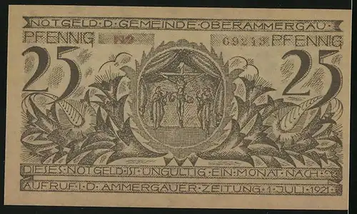 Notgeld Oberammergau 1921, 25 Pfennig, Ortsansicht mit Kirche, Jesusszene