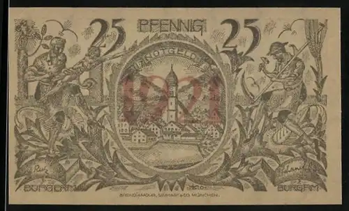 Notgeld Oberammergau 1921, 25 Pfennig, Kreuzigungsszene, Ortsansicht mit Kirche