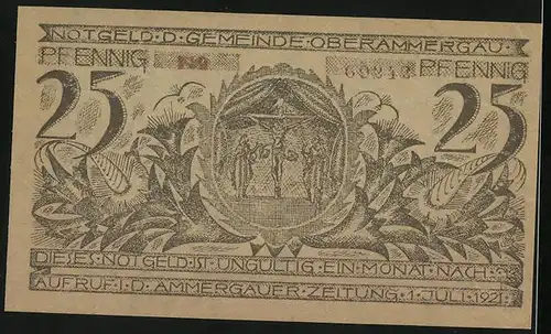 Notgeld Oberammergau 1921, 25 Pfennig, Kreuzigungsszene, Ortsansicht mit Kirche