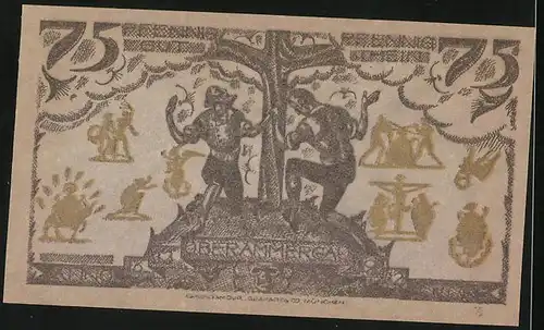 Notgeld Oberammergau 1921, 75 Pfennig, Ortsansicht, Männer an einem Baum