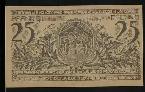Notgeld Oberammergau 1921, 25 Pfennig, Ortsansicht mit Kirche, Kreuzigungsszene