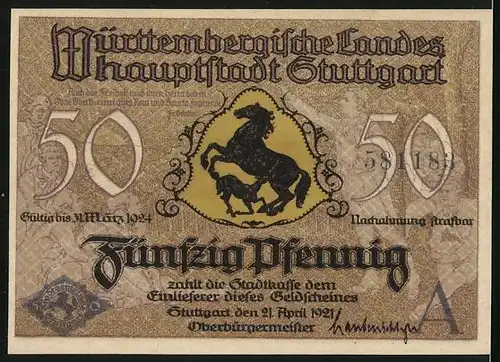 Notgeld Stuttgart 1921, 50 Pfennig, Altes Schloss und Stiftskirche