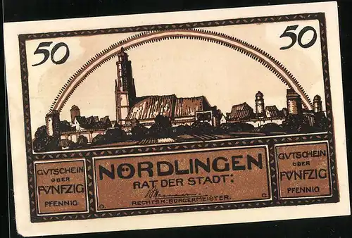 Notgeld Nördlingen 1920, 50 Pfennig, Ortsansicht mit Kirche und Regenbogen