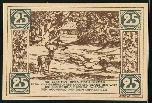 Notgeld Birkenfeld 1921, 25 Pfennig, Ortsansicht mit Kirche, Hirsch auf weiter Flur