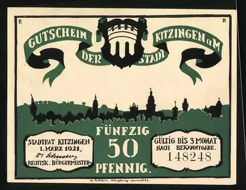 Notgeld Kitzingen a. M. 1921, 50 Pfennig, Wappen, Weiser Vater der Stadt eilt zur Hilfe