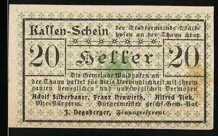 Notgeld Waidhofen a. Thaya, 1920, 20 Heller, Bürgermeister Franz Neuwirth