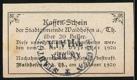 Notgeld Waidhofen a. Thaya, 1920, 20 Heller, Bürgermeister Franz Neuwirth