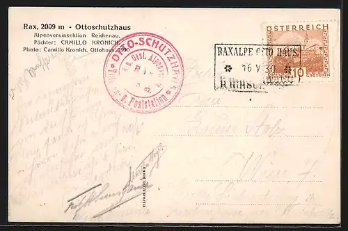 AK Erzherzog Otto-Hütte, Schutzhaus, Pächter Camillo Kronich, Rax