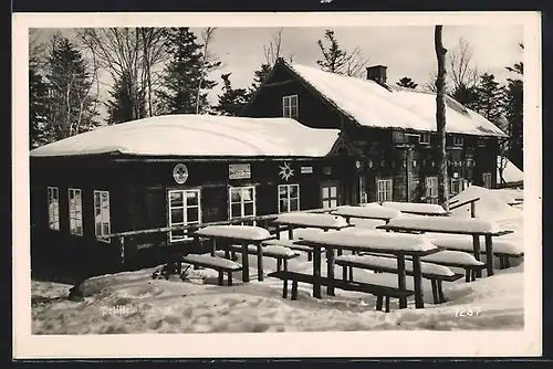 AK Peilsteinhaus, Gasthaus mit Schneedecke