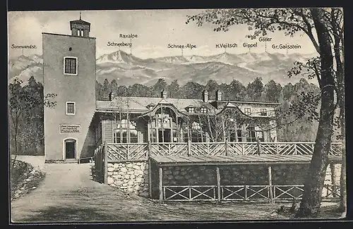 AK Schutzhaus am Hohen Lindkogel, Motiv mit Sonnenwendstein und Gr. Gaisstein