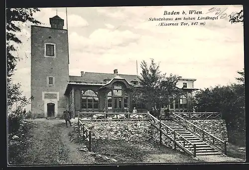 AK Schutzhaus am hohen Lindkogel, Ortspartie mit Berghütte