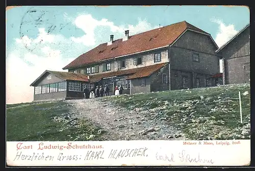 AK Ludwig-Schutzhaus, Ortspartie mit Berghütte