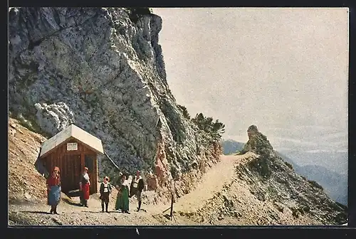 AK Gelberhütte, Steig mit Berghütte, Leute auf der Raxgmoa