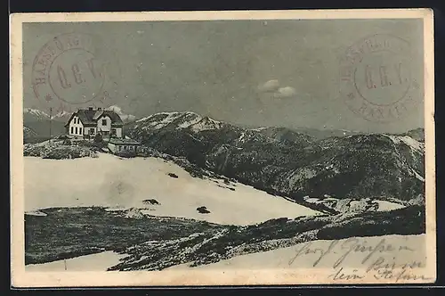 AK Habsburghaus Rax mit schneebedeckter Berglandschaft