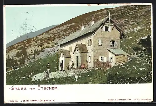 AK Ötscherhaus, Leute am Haus vor dem Berg