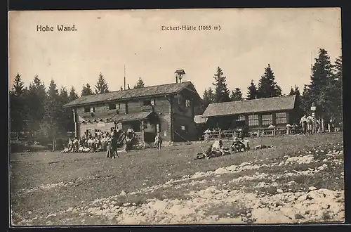 AK Eichert-Hütte Hohe Wand, Wanderer vor der Hütte