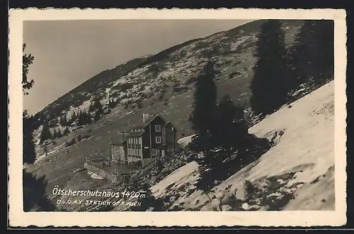 AK Ötscherschutzhaus, Blick auf die Berghütte D. u. Ö. A. V. Sektion Ö. T. K. Wien