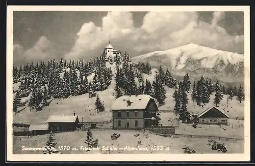 AK Friedrich Schüler-Alpenhaus im Winter, Sonnenwendstein