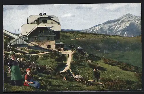 AK Erzherzog Otto-Schutzhaus, Berghütte an der Rax mit Blick gegen den Schneeberg