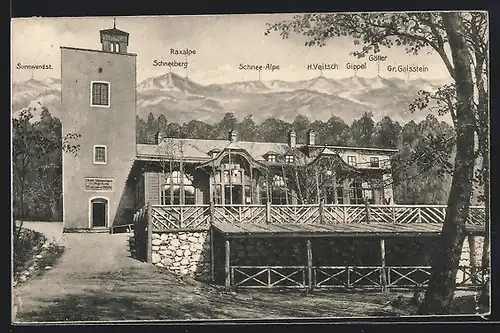 AK Schutzhaus am Hohen Lindkogel, Motiv mit Sonnenwendstein und Gr. Gaisstein