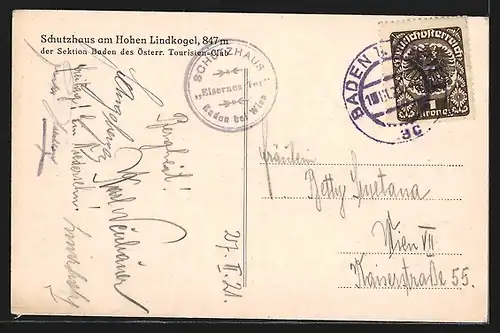 AK Schutzhaus am Hohen Lindkogel, Motiv mit Sonnenwendstein und Gr. Gaisstein
