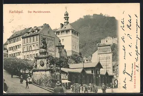 AK Karlsbad, der Marktbrunnen mit Mosers Glasfabrik