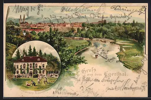 Künstler-Lithographie Egerthal, Restaurant Siechenhaus, Panorama