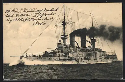 AK Kriegsschiff SMS Wittelsbach gibt Volldampf