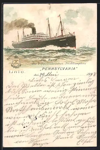 Lithographie Postdampfer Pennsylvania der Hamburg-Amerika Linie
