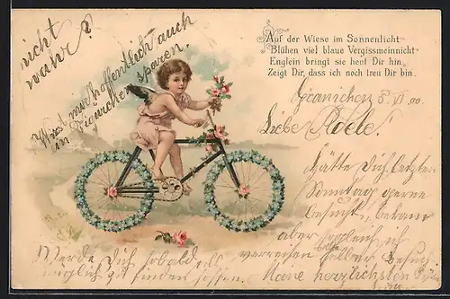 AK Engelchen auf blumengeschmücktem Fahrrad