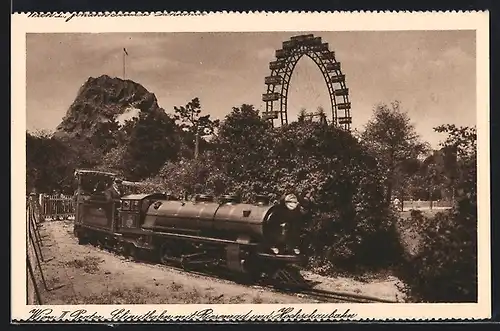 AK Wien, Prater, Liliputbahn mit Riesenrad und Hochschaubahn