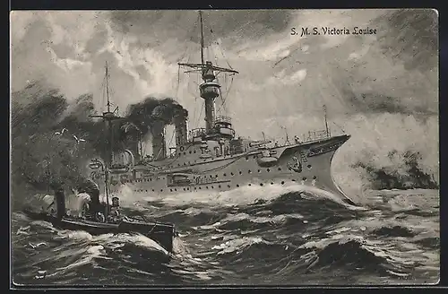 Künstler-AK Kriegsschiff SMS Victoria Louise kämpft sich durch die aufgewühlte See