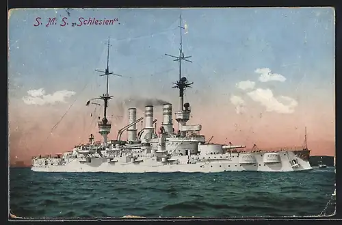 AK Kriegsschiff SMS Schlesien im Abendrot