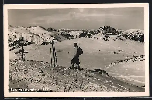 AK Habsburghaus auf verschneiter Rax, Skifahrer bei einer Pause