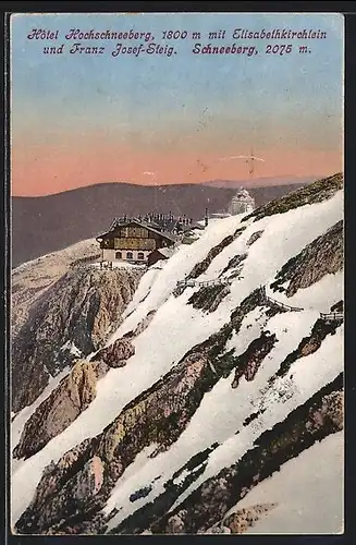 AK Hotel Hochschneeberg, Berghütte mit Elisabethkirchlein und Franz-Josef-Steig im Winter