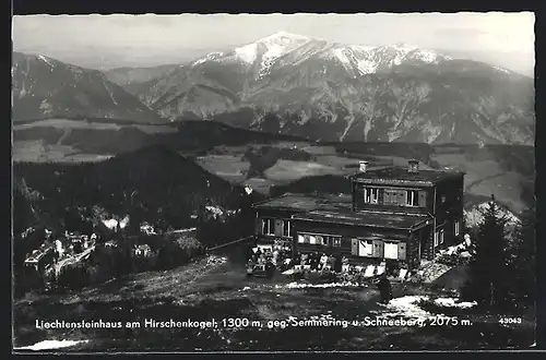 AK Liechtensteinhaus am Hirschenkogel, Berghütte gegen Semmering u. Schneeberg