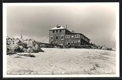 AK Fischerhütte, Berghütte auf dem Schneeberg im Winter