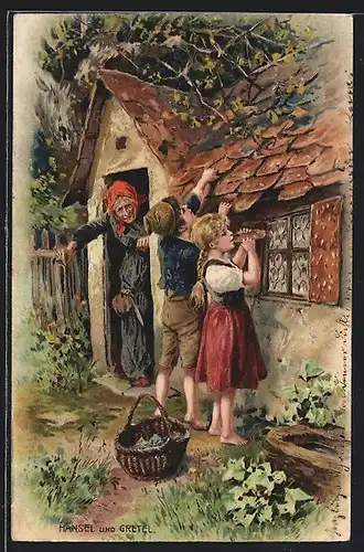 AK Hänsel und Gretel am Pfefferkuchenhaus
