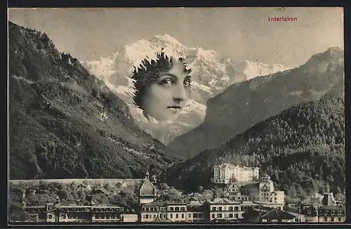 AK Interlaken, Stadtansicht, Berg mit Frauengesicht, Berggesichter