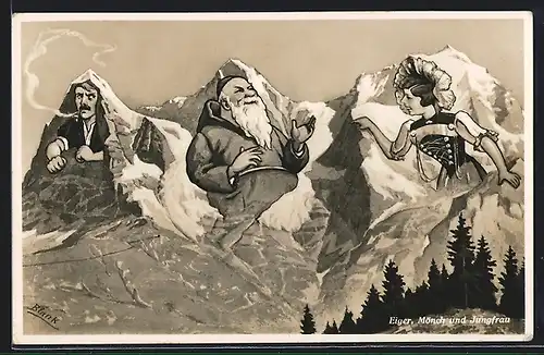 AK Eiger, Mönch und Jungfrau mit Berggesichtern