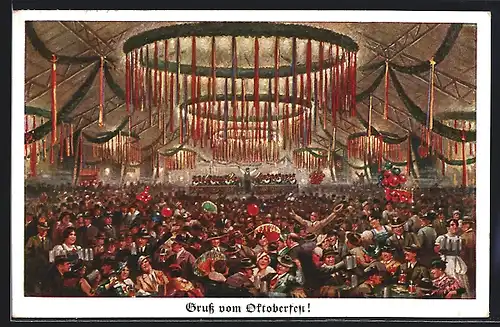 Künstler-AK München, Oktoberfest, Feiernde im Festsaal