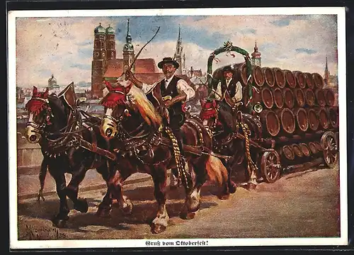 Künstler-AK München, Oktoberfest, Pferdegespann mit Bierfässern