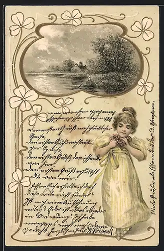 Präge-AK Junge Frau im Kleid und Uferlandschaft, Jugendstil