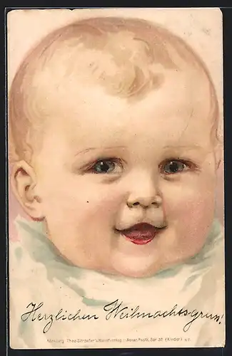 Lithographie Kleinkinderkopf mit grünblauen Augen