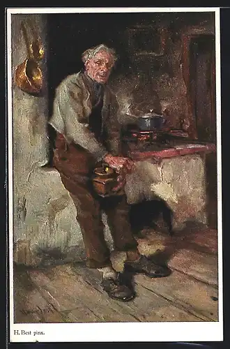 Künstler-AK sign. H. Best: Mann mit einer Kaffeemühle am Herd