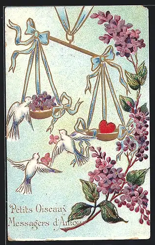 Präge-AK Weisse Tauben an einer Waage mit Blumen